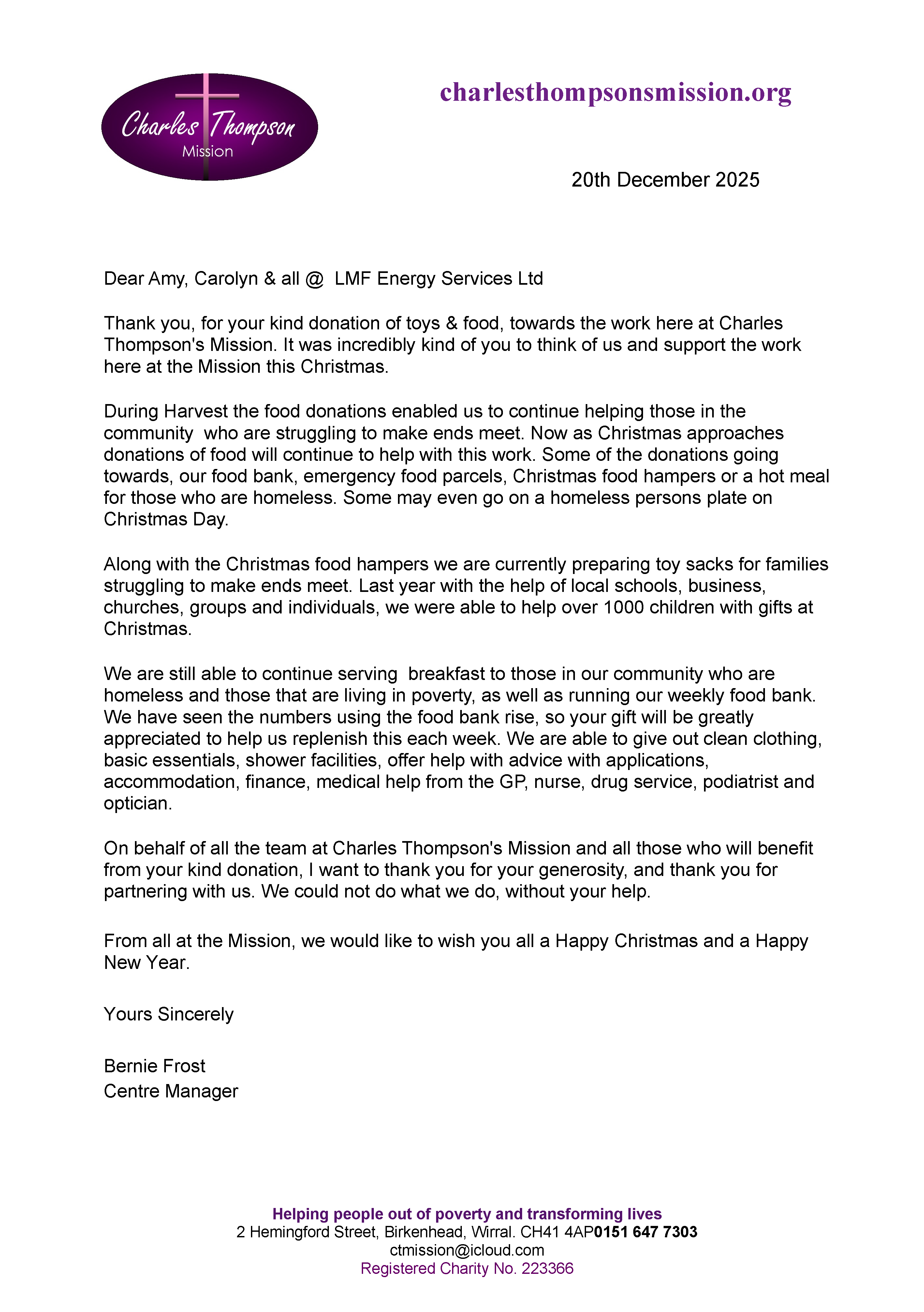 Charles Thompson’s Mission Toy Appeal - Letter