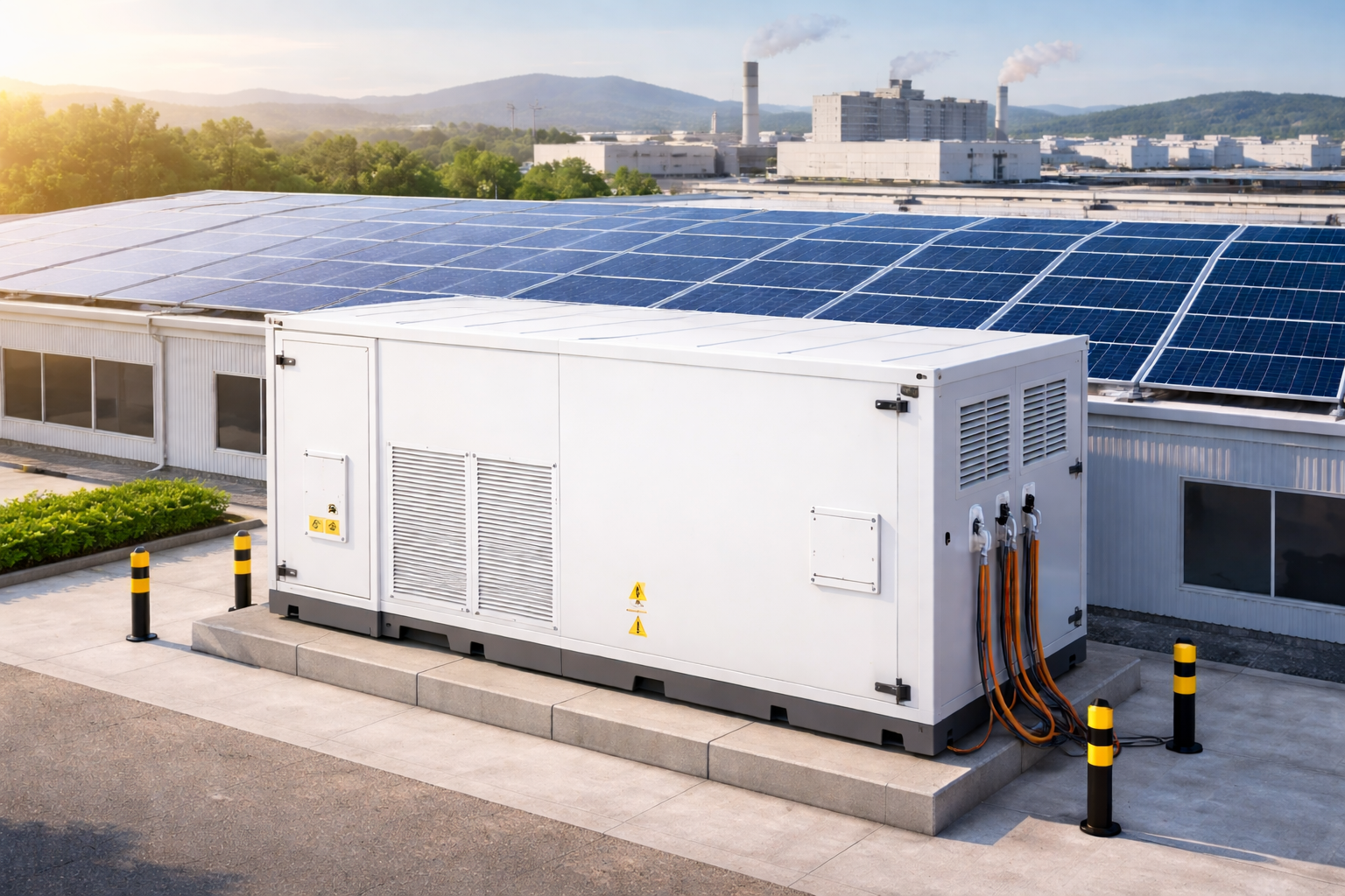 Industrial battery storage on factory roof